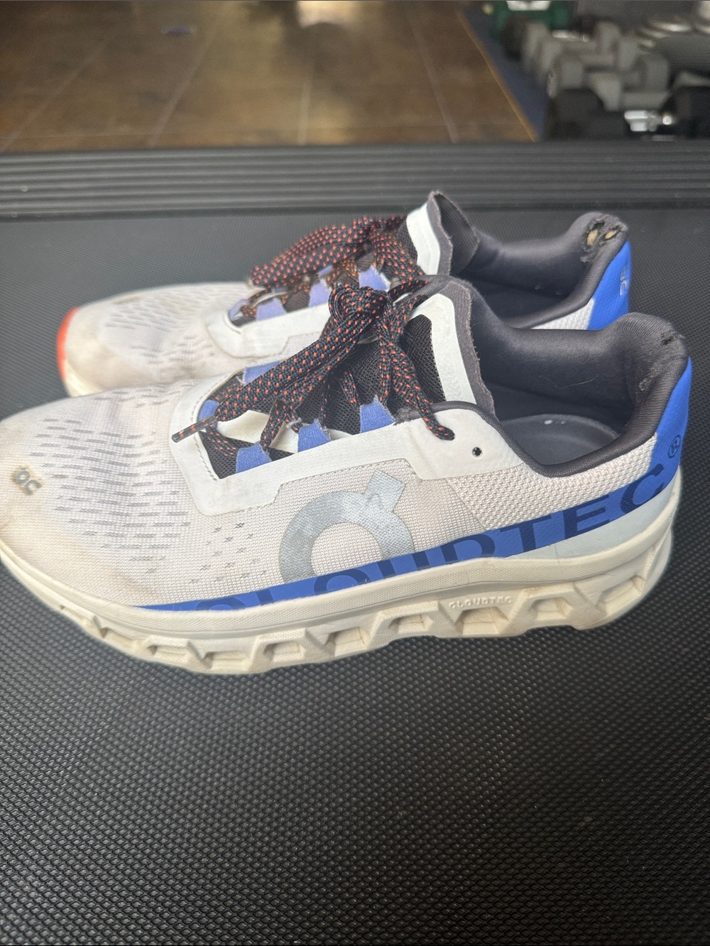 On Running White and Blue Mesh Trainers with Orange Accents - Picture 5 of 8